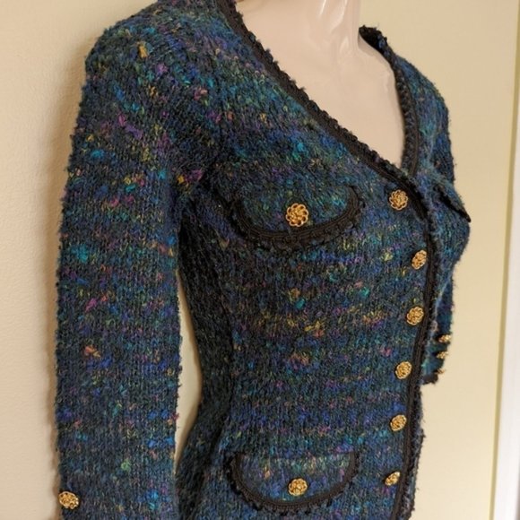 Betsey JOHNSON knit boucle cardigan jacket blue black small xs - Picture 3 of 10